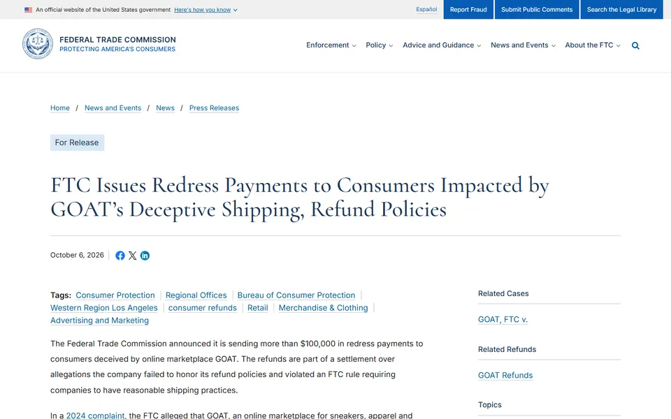FTC press release page on redress payments to GOAT customers.